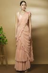 Buy_Varun Bahl_Pink Chanderi Sweetheart Neck Pre-draped Ruffle Saree _Online_at_Aza_Fashions