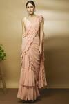 Shop_Varun Bahl_Pink Chanderi Sweetheart Neck Pre-draped Ruffle Saree _Online_at_Aza_Fashions