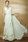 Buy_Varun Bahl_White Chanderi Sweetheart Neck Pre-draped Ruffle Saree_at_Aza_Fashions