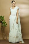 Shop_Varun Bahl_White Chanderi Sweetheart Neck Pre-draped Ruffle Saree_Online_at_Aza_Fashions