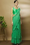 Varun Bahl_Green Chanderi Sweetheart Neck Pre-draped Ruffle Saree_Online_at_Aza_Fashions