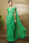 Buy_Varun Bahl_Green Chanderi Sweetheart Neck Pre-draped Ruffle Saree_at_Aza_Fashions