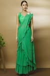 Shop_Varun Bahl_Green Chanderi Sweetheart Neck Pre-draped Ruffle Saree_Online_at_Aza_Fashions