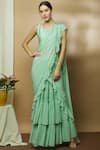 Varun Bahl_Green Chanderi Sweetheart Neck Pre-draped Ruffle Saree_Online_at_Aza_Fashions