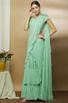 Buy_Varun Bahl_Green Chanderi Sweetheart Neck Pre-draped Ruffle Saree_at_Aza_Fashions