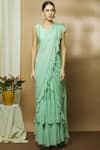 Buy_Varun Bahl_Green Chanderi Sweetheart Neck Pre-draped Ruffle Saree_Online_at_Aza_Fashions