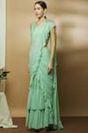 Shop_Varun Bahl_Green Chanderi Sweetheart Neck Pre-draped Ruffle Saree_Online_at_Aza_Fashions