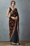 Buy_Torani_Blue Silk Velvet Floral Print Saree_at_Aza_Fashions