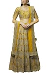 Buy_Vandana Sethi_Yellow Dupion Raw Silk U Neck Embroidered Bridal Lehenga Set _at_Aza_Fashions