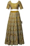 Shop_Vandana Sethi_Yellow Dupion Raw Silk U Neck Embroidered Bridal Lehenga Set _Online_at_Aza_Fashions