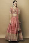 Vandana Sethi_Peach Dupion Raw Silk Leaf Neck Embroidered Bridal Lehenga Set _Online_at_Aza_Fashions