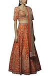 Vandana Sethi_Orange Dupion Raw Silk Leaf Neck Embroidered Bridal Lehenga Set _Online_at_Aza_Fashions