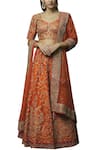 Buy_Vandana Sethi_Orange Dupion Raw Silk Leaf Neck Embroidered Bridal Lehenga Set _at_Aza_Fashions