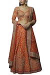 Buy_Vandana Sethi_Orange Dupion Raw Silk Leaf Neck Embroidered Bridal Lehenga Set _Online_at_Aza_Fashions