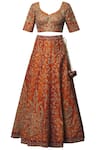 Shop_Vandana Sethi_Orange Dupion Raw Silk Leaf Neck Embroidered Bridal Lehenga Set _Online_at_Aza_Fashions