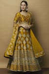 Buy_Vandana Sethi_Yellow Dupion Raw Silk Leaf Neck Embroidered Bridal Lehenga Set _at_Aza_Fashions