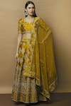 Buy_Vandana Sethi_Yellow Dupion Raw Silk Leaf Neck Embroidered Bridal Lehenga Set _Online_at_Aza_Fashions