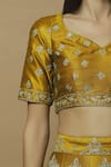 Vandana Sethi_Yellow Dupion Raw Silk Leaf Neck Embroidered Bridal Lehenga Set _at_Aza_Fashions