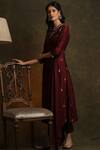 Shop_Anju Modi_Maroon Cotton Embroidered Asymmetric Kurta Set_at_Aza_Fashions