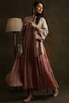 Shop_Anju Modi_Beige Silk Chanderi Jacket With Dress_at_Aza_Fashions
