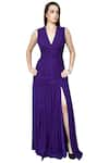 Swatee Singh_Purple Georgette V Neck Pleated Gown _Online_at_Aza_Fashions