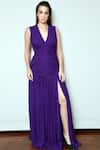 Buy_Swatee Singh_Purple Georgette V Neck Pleated Gown _at_Aza_Fashions