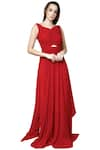 Swatee Singh_Red Georgette V Neck Pleated Gown _Online_at_Aza_Fashions