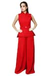 Buy_Swatee Singh_Red Heavy Crepe Band Collar Textured Jumpsuit _Online_at_Aza_Fashions