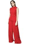 Swatee Singh_Red Heavy Crepe Band Collar Textured Jumpsuit _Online_at_Aza_Fashions