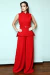 Buy_Swatee Singh_Red Heavy Crepe Band Collar Textured Jumpsuit _at_Aza_Fashions