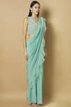 J by Jannat_Green Crepe V-shaped Pre-draped Saree  _Online_at_Aza_Fashions