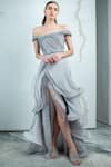 Buy_Gaurav Gupta_Silver Organza Off Shoulder Ruffle Gown_at_Aza_Fashions