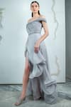 Shop_Gaurav Gupta_Silver Organza Off Shoulder Ruffle Gown_at_Aza_Fashions