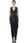 Buy_Gaurav Gupta_Blue Crepe Cowl Draped Jacket Pant Set_at_Aza_Fashions