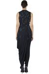 Shop_Gaurav Gupta_Blue Crepe Cowl Draped Jacket Pant Set_at_Aza_Fashions