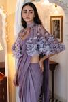 Shop_Gaurav Gupta_Purple Chiffon Draped Saree Gown With Cape_at_Aza_Fashions