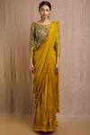 Buy_Rishi and Soujit_Yellow Raw Silk Boat Pre-draped Saree With Blouse  _at_Aza_Fashions