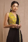Rishi and Soujit_Black Raw Silk V Neck Embroidered Skirt Set  _Online_at_Aza_Fashions
