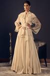 Buy_Varun Bahl_White Chanderi, Satin Organza Band Jacket Skirt Set_at_Aza_Fashions