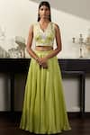 Buy_Varun Bahl_Green Satin Organza V Neck Embroidered Lehenga Set  _at_Aza_Fashions