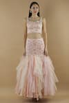 Buy_Divya Kanakia_Peach Organza Sweetheart Neck Embellished Ruffle Lehenga Set _Online_at_Aza_Fashions