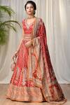 Buy_RI.Ritu Kumar_Red Silk Satin V-shaped Embroidered Bridal Lehenga Set _at_Aza_Fashions