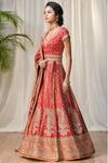 RI.Ritu Kumar_Red Silk Satin V-shaped Embroidered Bridal Lehenga Set _Online_at_Aza_Fashions