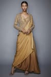 Buy_RI.Ritu Kumar_Gold Silk Tissue Sweetheart Neck Pre-draped Embroidered Saree Set _at_Aza_Fashions