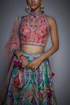 RI.Ritu Kumar_Multi Color Poly Dupion High Neck Embroidered Bridal Lehenga Set _at_Aza_Fashions