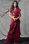 Buy_Eclat by Prerika Jalan_Pink Chiffon V Neck Silk Chanderi Pre-draped Ruffle Saree _at_Aza_Fashions