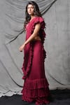 Eclat by Prerika Jalan_Pink Chiffon V Neck Silk Chanderi Pre-draped Ruffle Saree _Online_at_Aza_Fashions