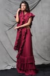 Buy_Eclat by Prerika Jalan_Pink Chiffon V Neck Silk Chanderi Pre-draped Ruffle Saree _Online_at_Aza_Fashions