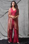 Buy Eclat By Prerika Jalan Red Crepe V Neck Embroidered Cape Pant Set at Aza Fashions Buy_Eclat By Prerika Jalan_Red Crepe V Neck Embroidered Cape Pant Set _at_Aza_Fashions