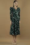Vedika M_Green V Neck Geometric Print Midi Dress _Online_at_Aza_Fashions